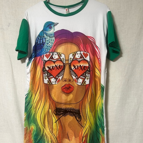 Other - Colorful Graphic T-Shirt with Bird and Woman Design